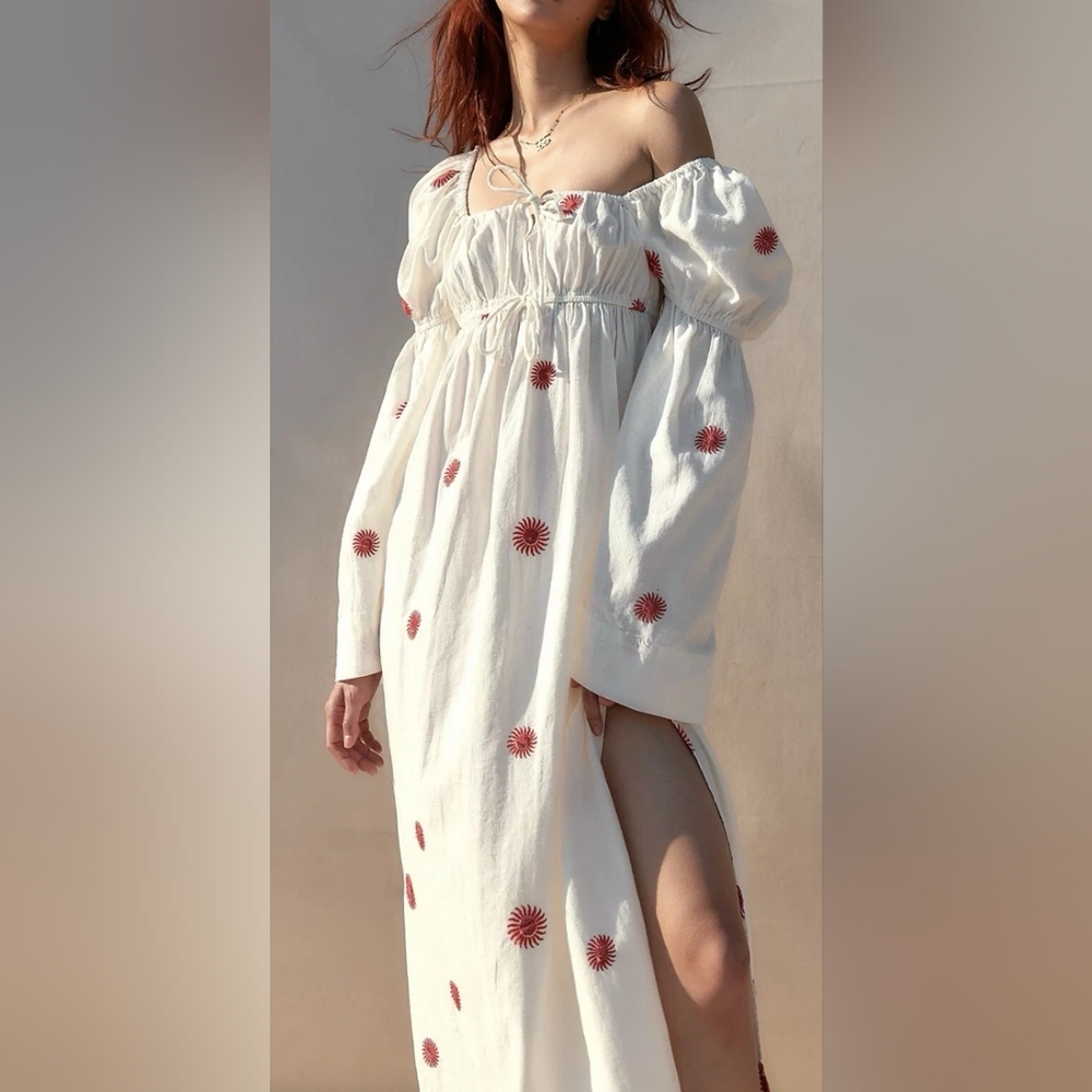 Free People White and Red Bishop Sleeve Sundress